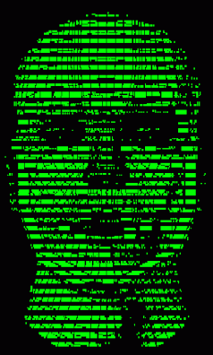 Green pixelated face resembling a digital or holographic representation.